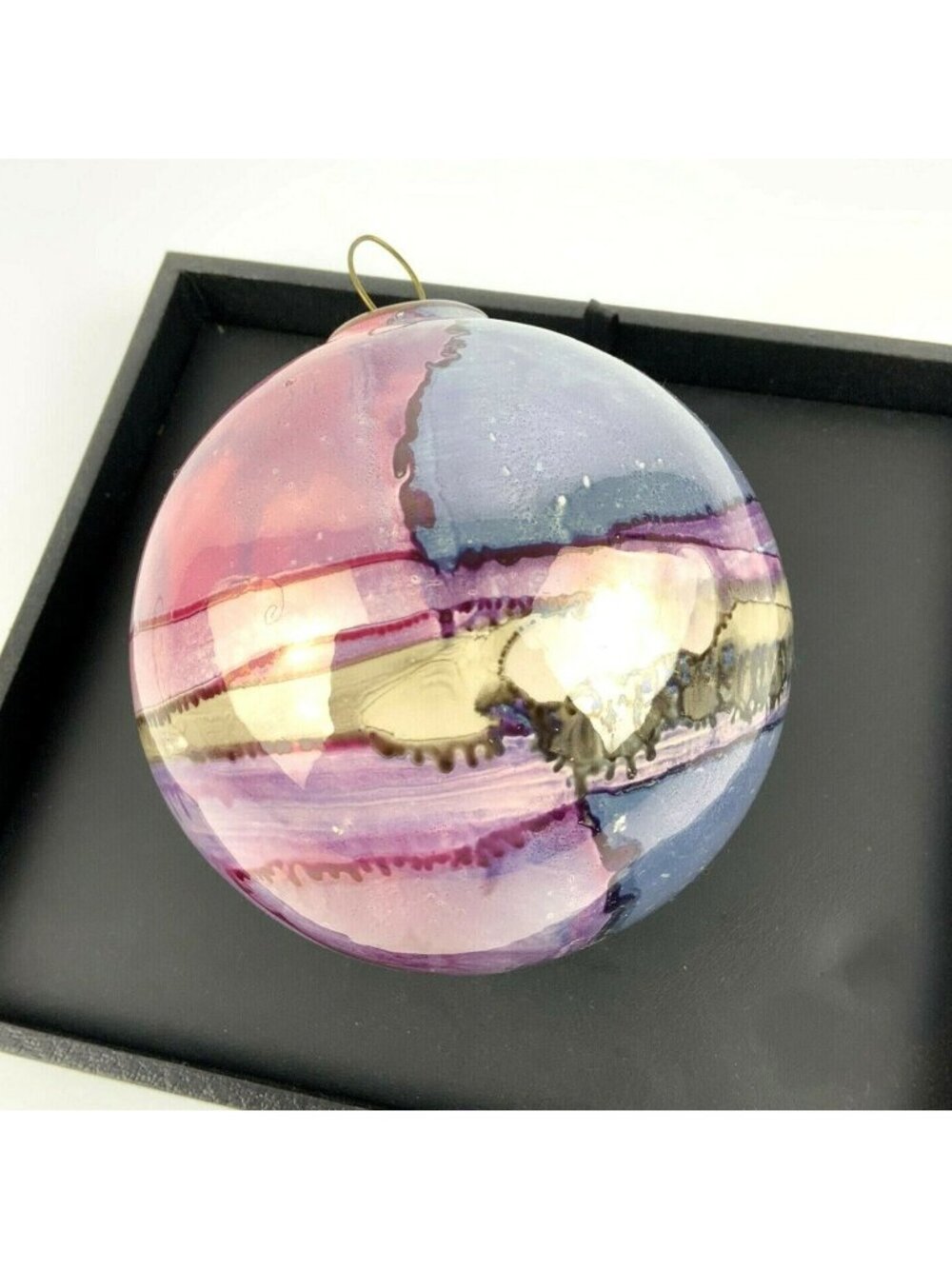 Round Ceramic Holiday Christmas Ornament 4.5 in Handmade Pink Purple Abstract - Picture 4 of 5